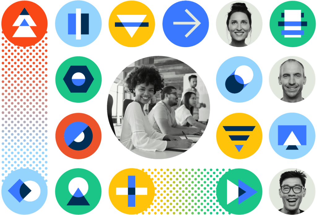A group of people collaborate at a table, surrounded by circular icons featuring geometric designs and smiling faces, against a backdrop of vibrant colors and patterns.