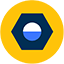 A circular icon features a hexagonal bolt with a blue and white half-circle beneath it, set on a yellow background. The bolt is central, symbolizing construction or engineering themes.