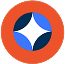 A blue star-shaped object is centered within an orange circle, static. The background is plain white, focusing attention on the minimalist, geometric design of the logo.