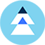 A blue circle contains three stacked, overlapping triangles in different shades of blue, forming an abstract arrow pointing upwards. The background is white, creating a minimalist design.